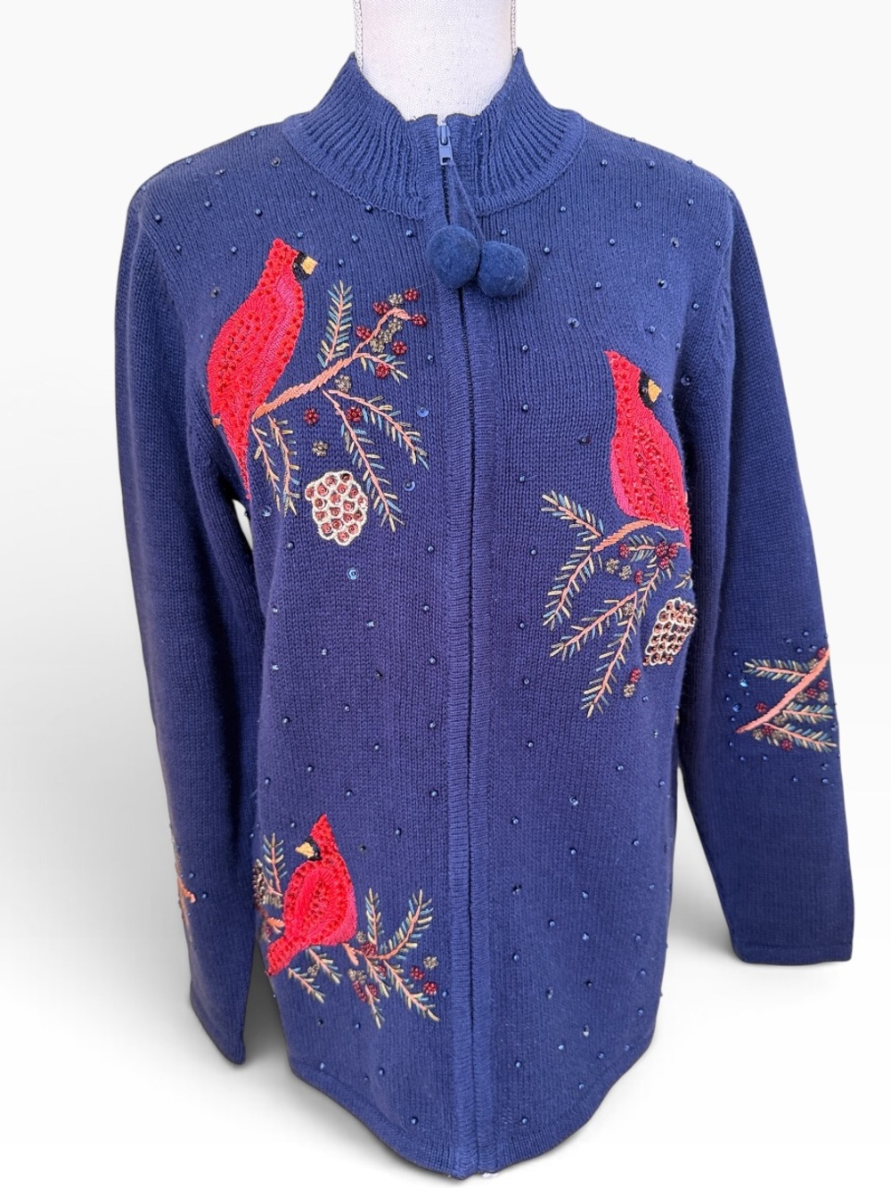 Quacker Factory Navy Blue Zip Front Sweater with Cardinal Embroidered Detail M